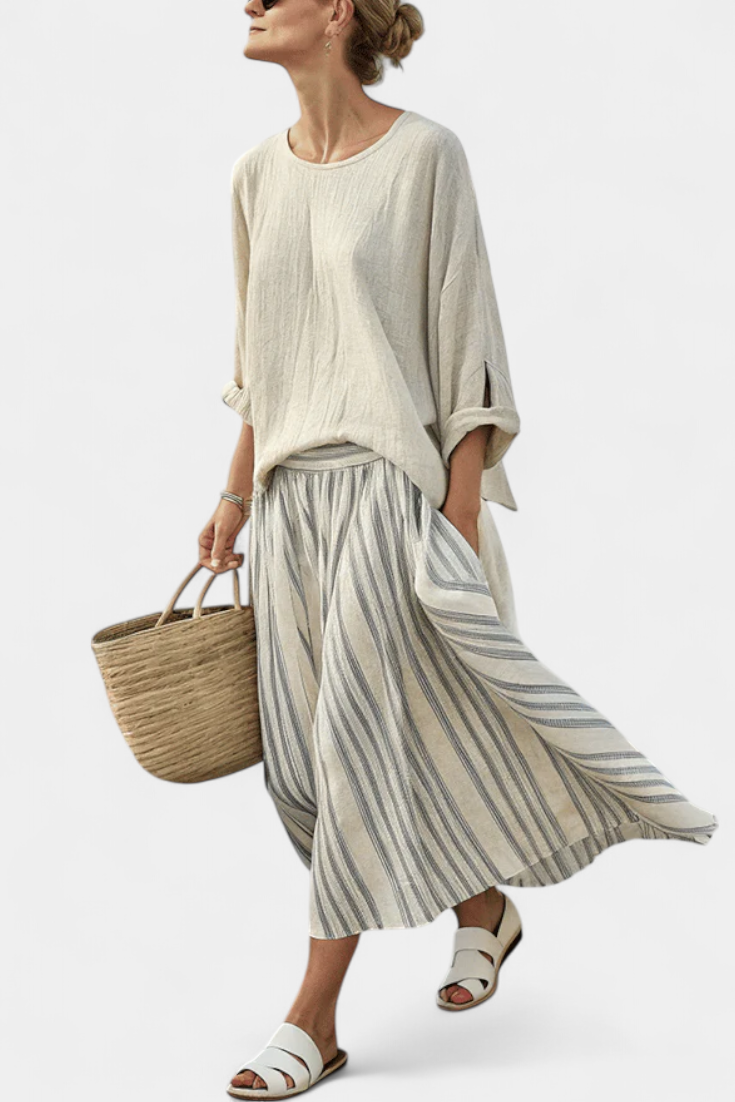 Auryn | Comfortable Loose Blouse and Striped Midi Skirt