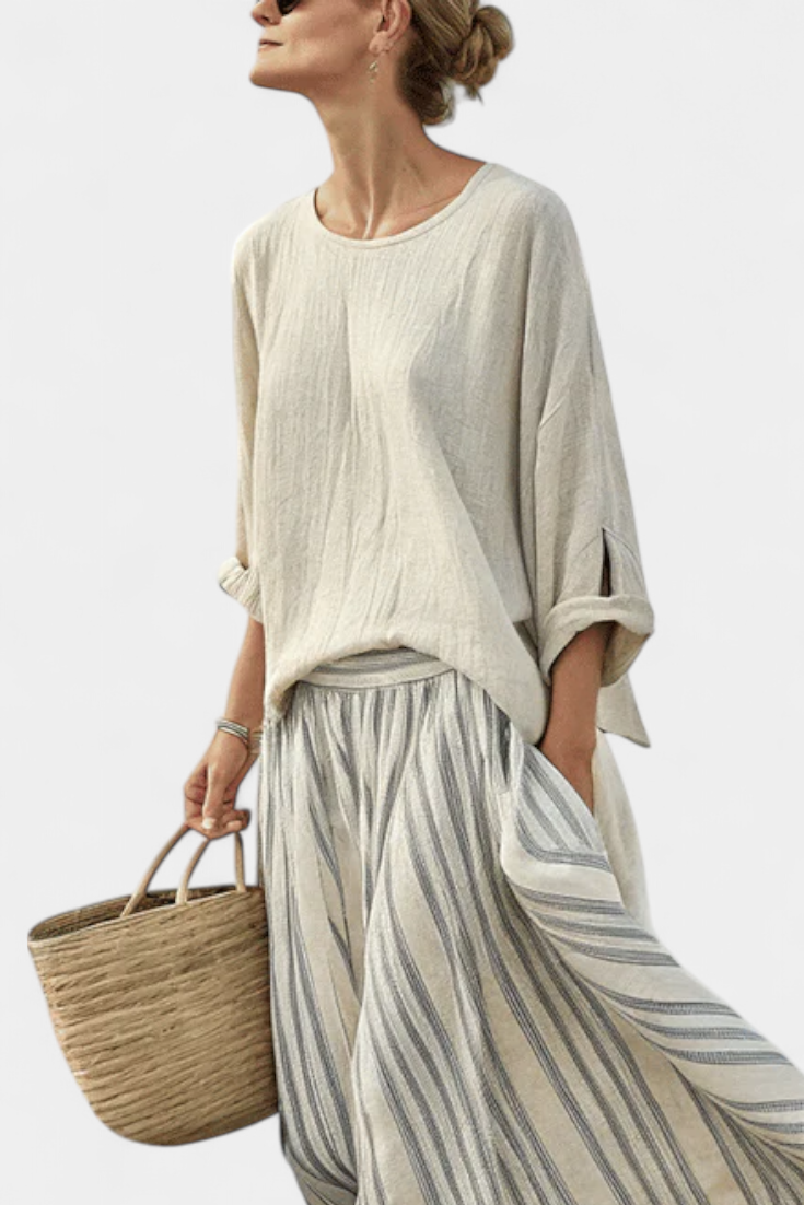 Auryn | Comfortable Loose Blouse and Striped Midi Skirt