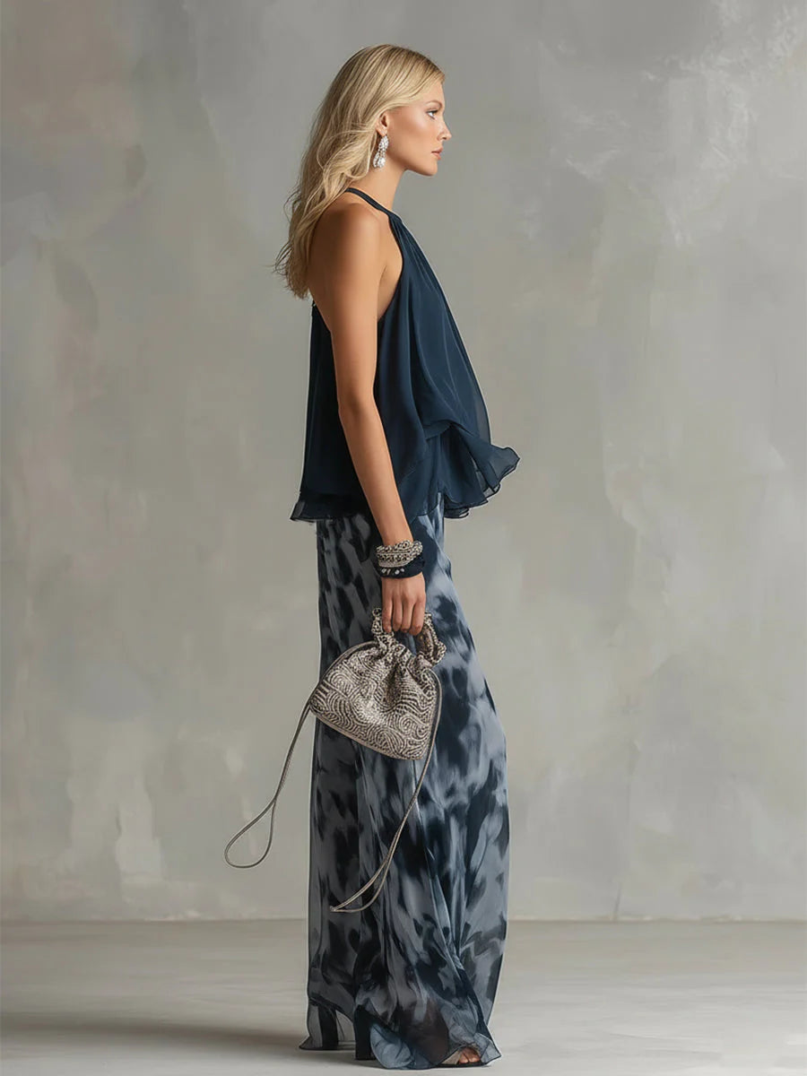 Ludovica - elegante vestido de gasa con corpiño de cuello alto y pantalón ancho estampado