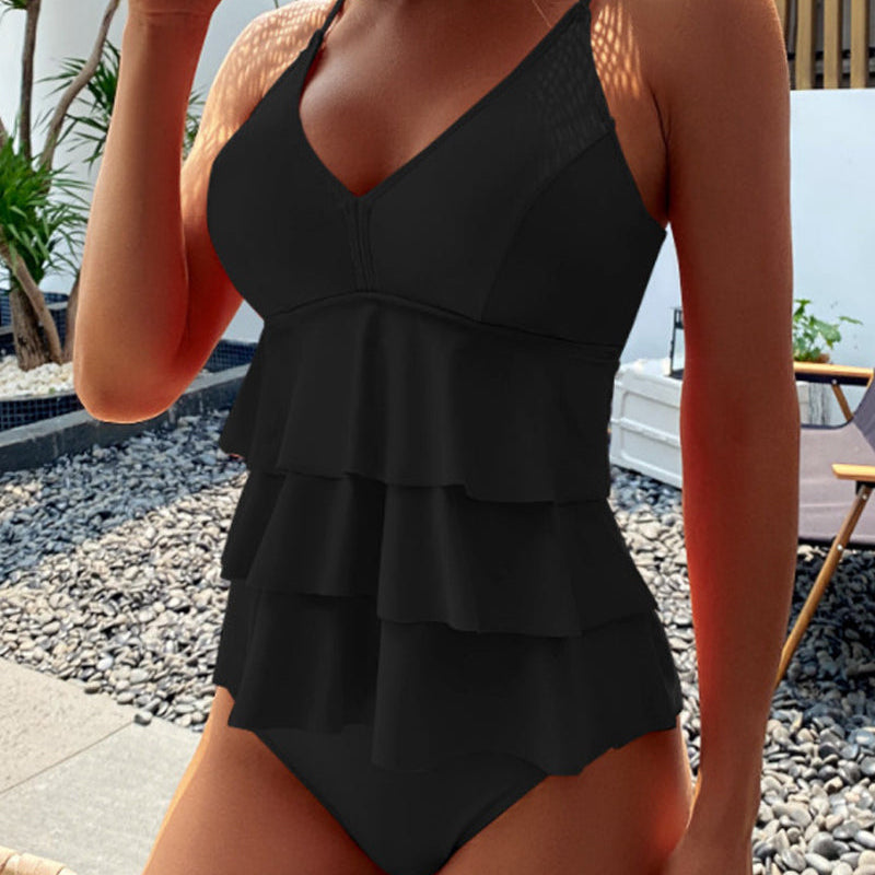 Lia - Traje de baño liso con volantes a la moda
