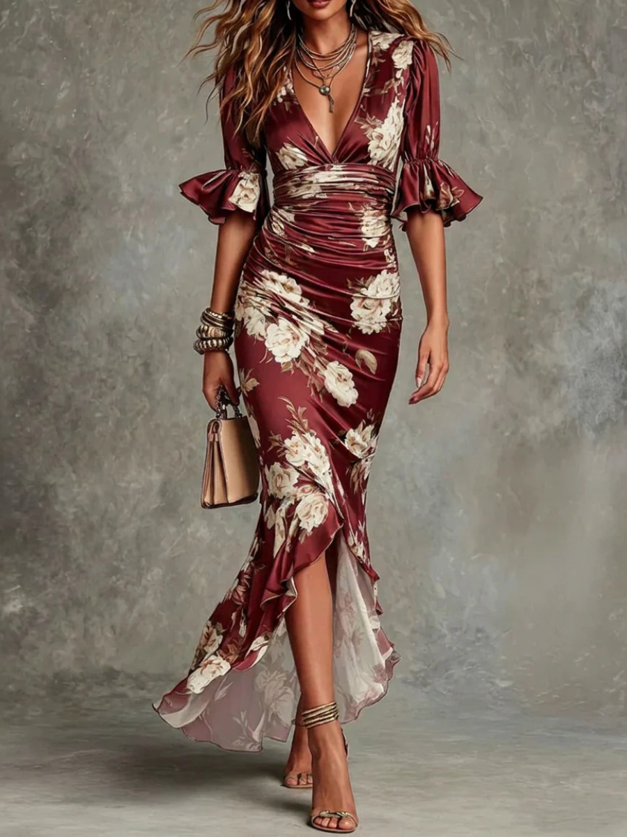 Anastasia | Vestido largo de satén con estampado floral