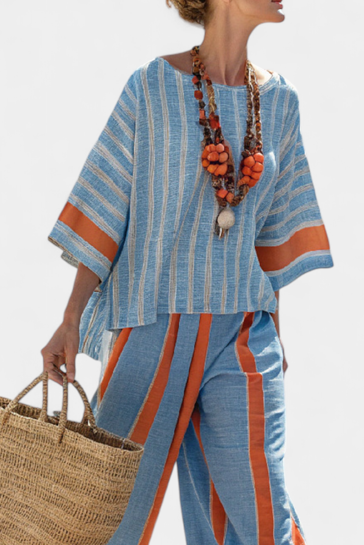 Velmere | Sophisticated striped terracotta top and linen trousers
