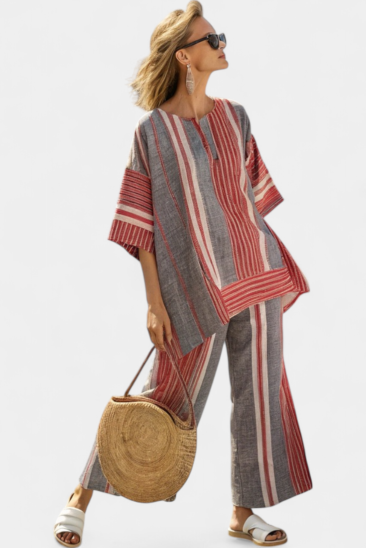 Bravine | Stylish Coral Gray Linen Top and Wide-Leg Pants