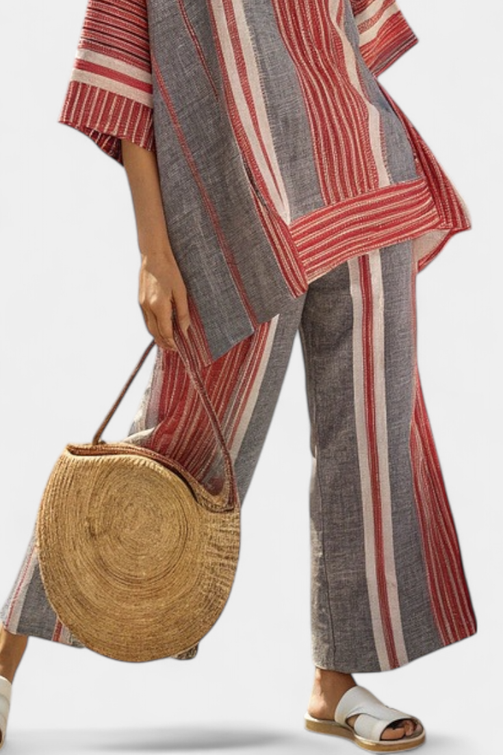 Bravine | Stylish Coral Gray Linen Top and Wide-Leg Pants