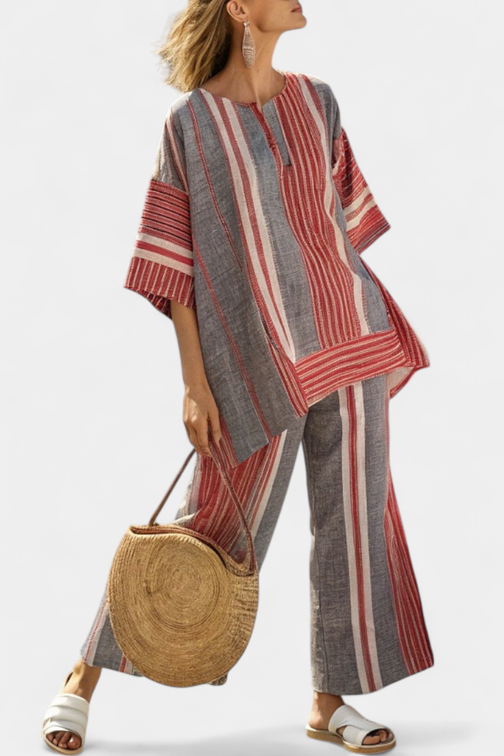 Bravine | Stylish Coral Gray Linen Top and Wide-Leg Pants