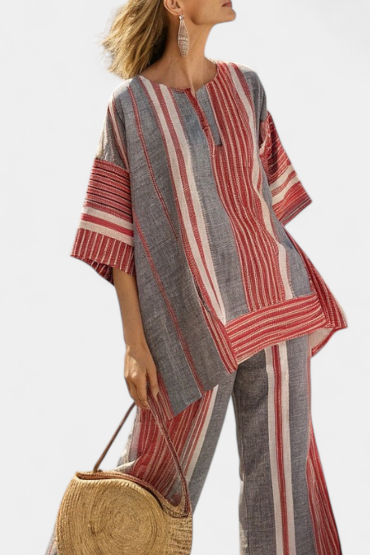 Bravine | Stylish Coral Gray Linen Top and Wide-Leg Pants