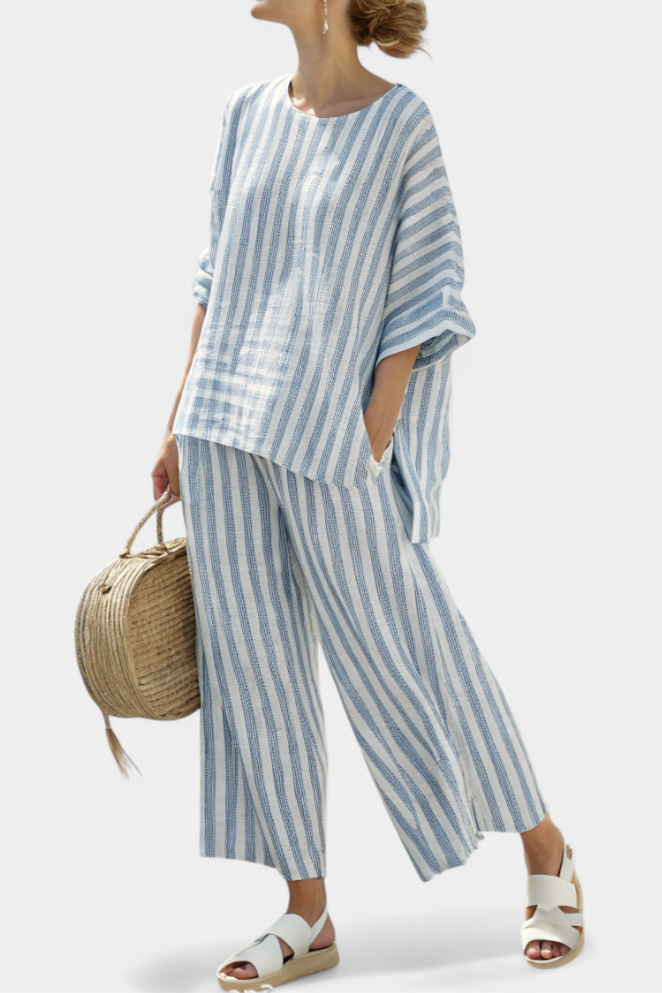 Rensleigh | Sophisticated Blue Striped Linen Top and Relaxed Fit Trousers