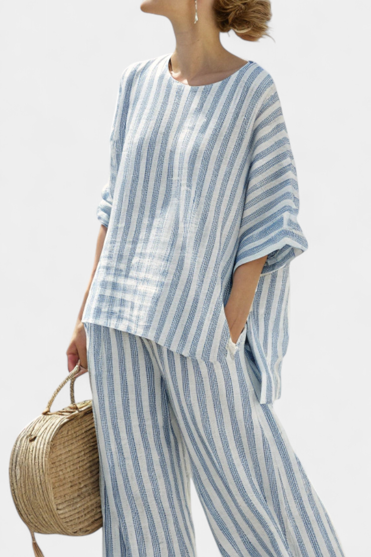 Rensleigh | Sophisticated Blue Striped Linen Top and Relaxed Fit Trousers