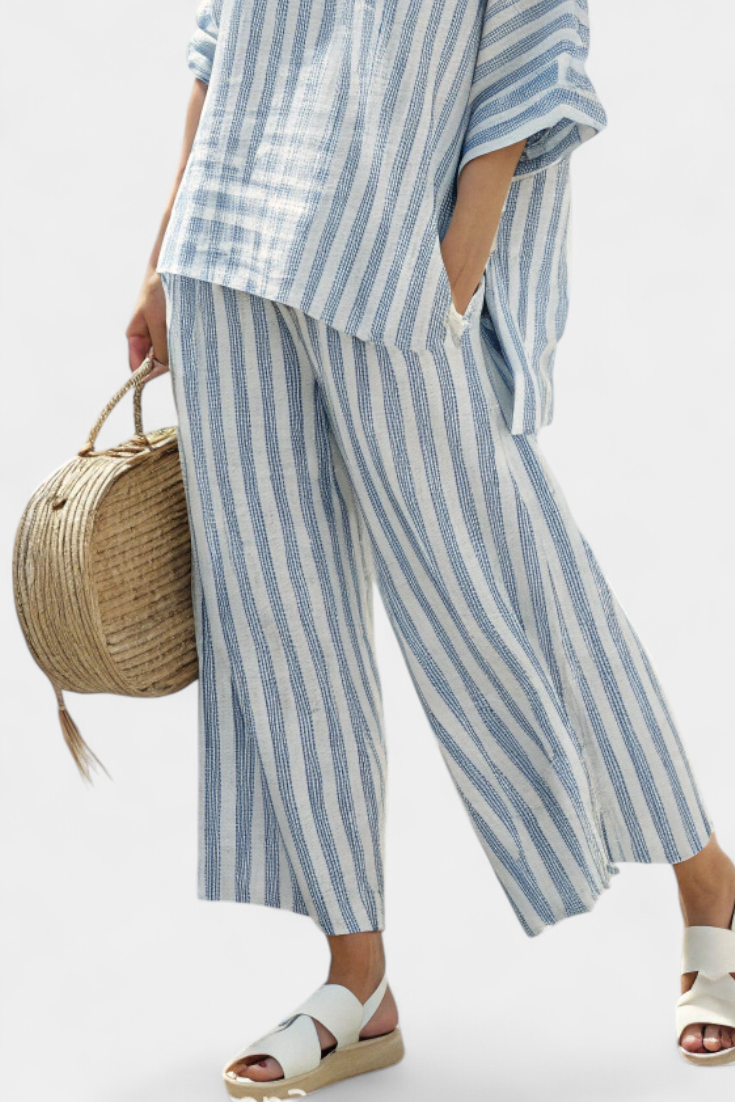 Rensleigh | Sophisticated Blue Striped Linen Top and Relaxed Fit Trousers