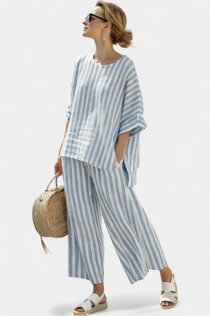 Rensleigh | Sophisticated Blue Striped Linen Top and Relaxed Fit Trousers