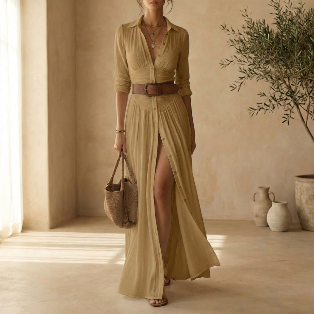 Maxi dress with lapel collar and long sleeves