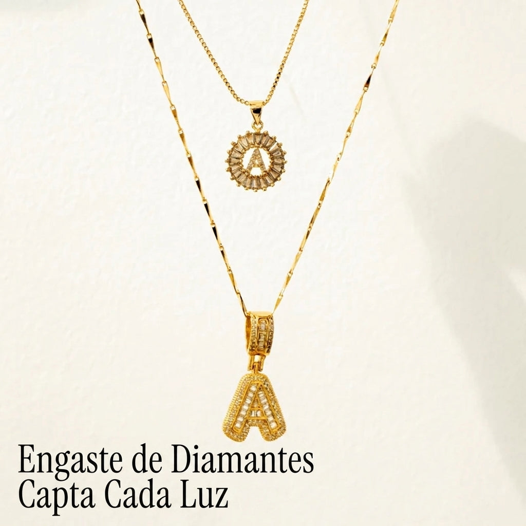 Selamora® | Collares con iniciales en forma de letra y diamantes de oro de 14k (2 unidades)