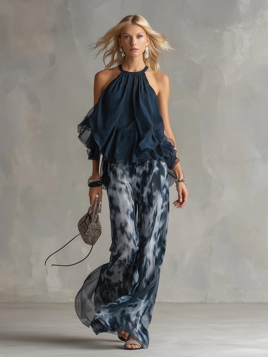 Ludovica - elegante vestido de gasa con corpiño de cuello alto y pantalón ancho estampado