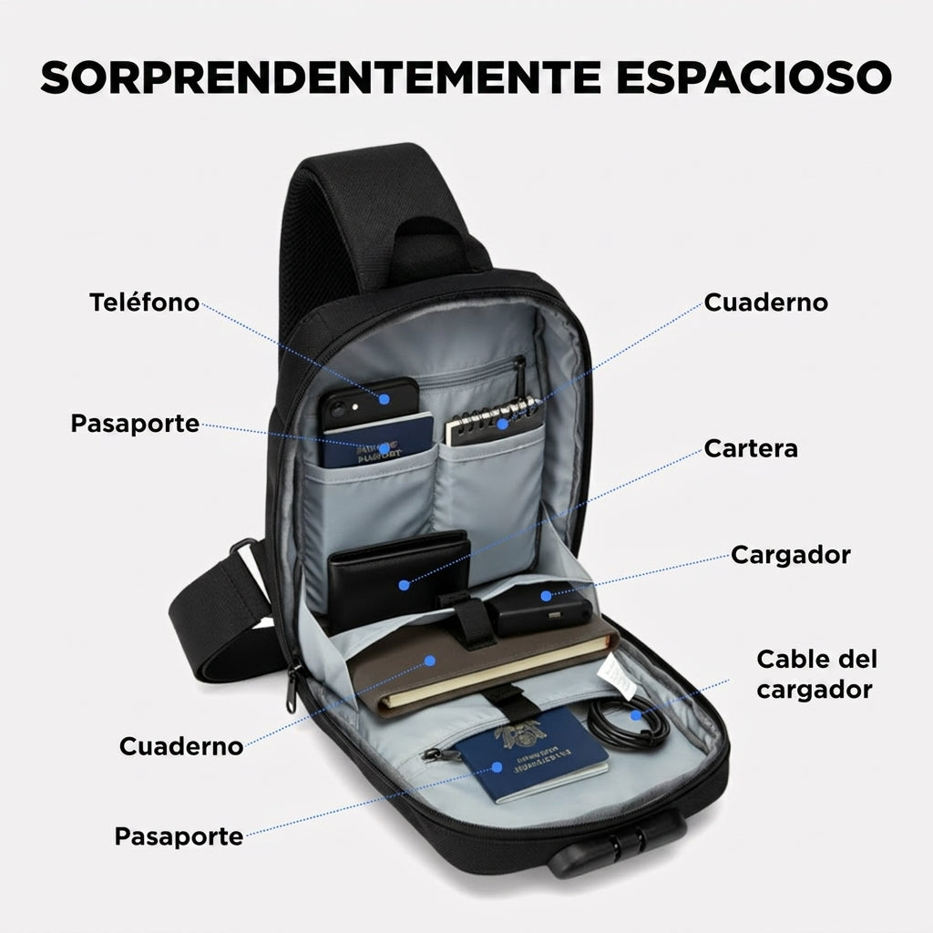 Bolso bandolera antirrobo con puerto de carga